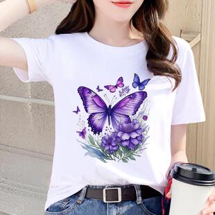 短袖 打底衫 通勤上衣 网红圆领爆款 女T恤蝴蝶气质休闲INS印花韩版