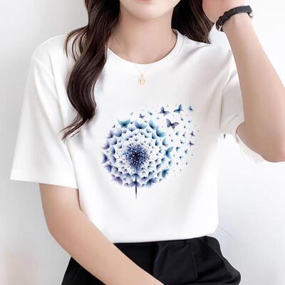 通勤洋气印花植物花卉网红爆款INS爆款休闲通勤上衣女圆领短袖T恤