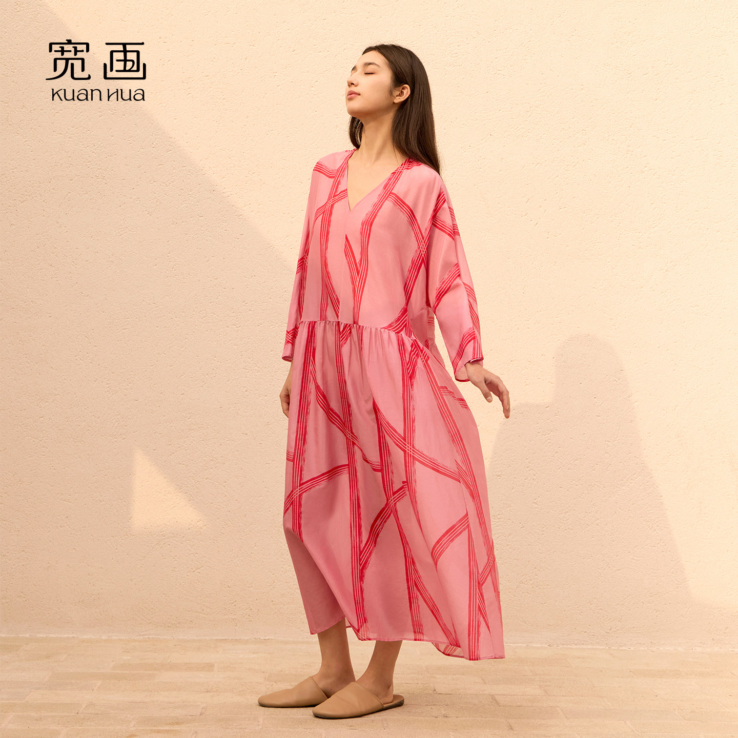 宽画【线构东方】桑蚕丝中式睡裙灯笼袖休闲显瘦法式轻奢风收腰女