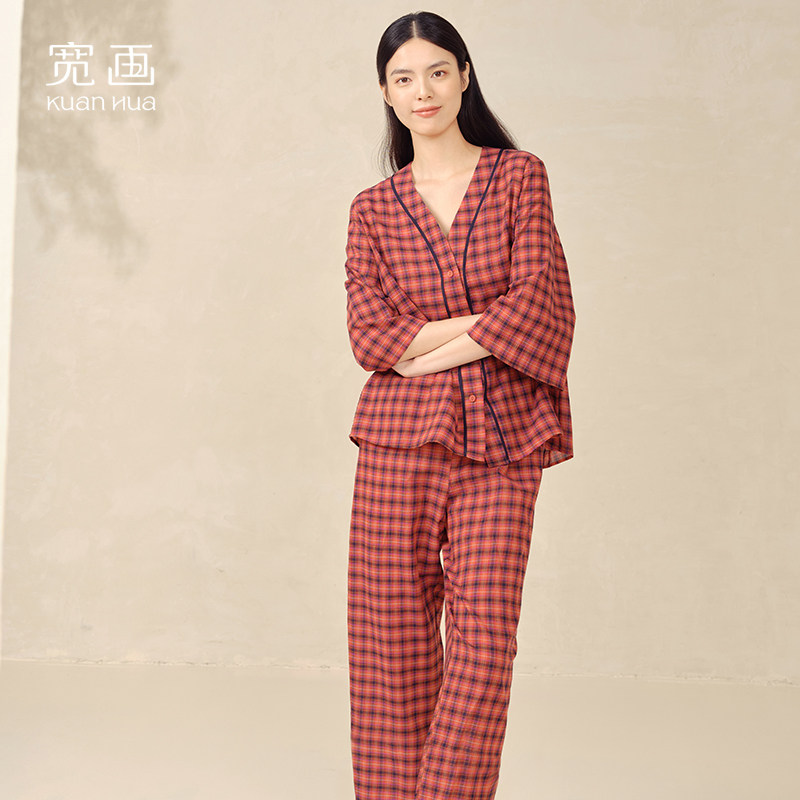 宽画复古经典V领休闲睡衣女纯棉2026年宽松家居服春夏款套装送礼