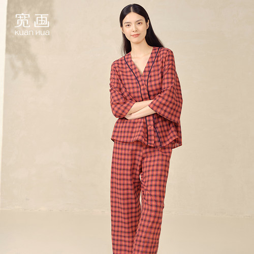 宽画复古V领纯棉女士休闲风睡衣