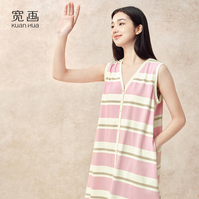 宽画睡裙女夏季新款无袖睡衣女款宽松大码家居服条纹休闲中裙V领