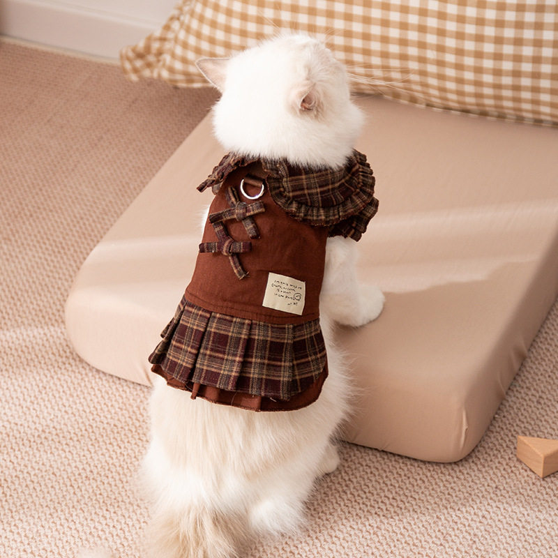 小猫小狗冬装裙子格纹保暖猫咪泰迪比熊小型犬高定牵引宠物衣服