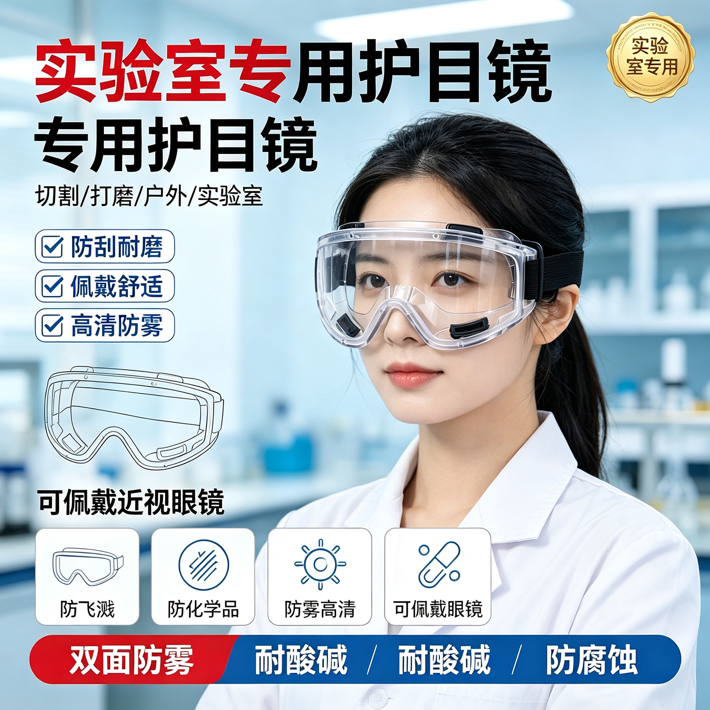 护目镜可戴眼镜实验室专用化学眼镜安全防护化工厂防耐酸碱危化品