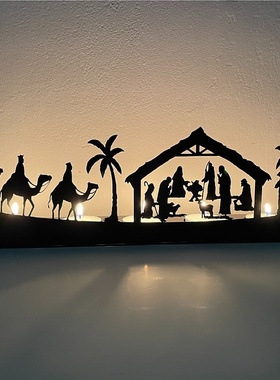 跨境圣诞节装饰铁艺烛台诞生场景工艺品摆件礼物礼品灯架香薰家居