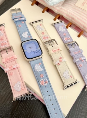 可爱卡通刺绣牛仔帆布真皮表带适于iwatch78910代苹果手表6SE休闲