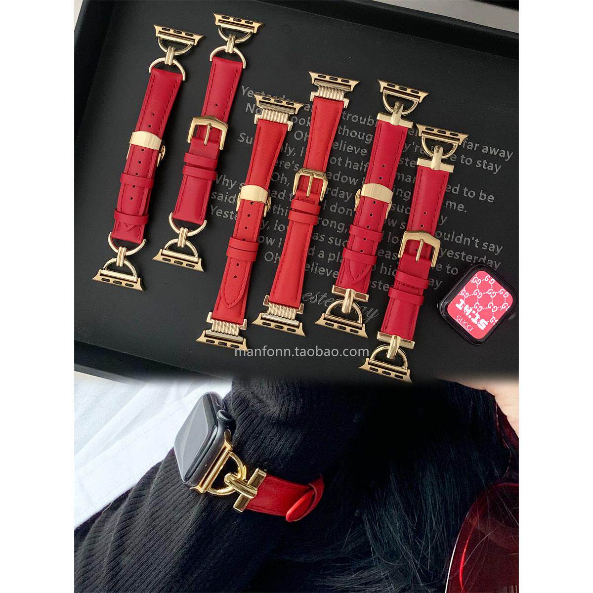 新年喜庆红色真皮蝴蝶扣表带适用于iwatch10987苹果手表SE654柔软