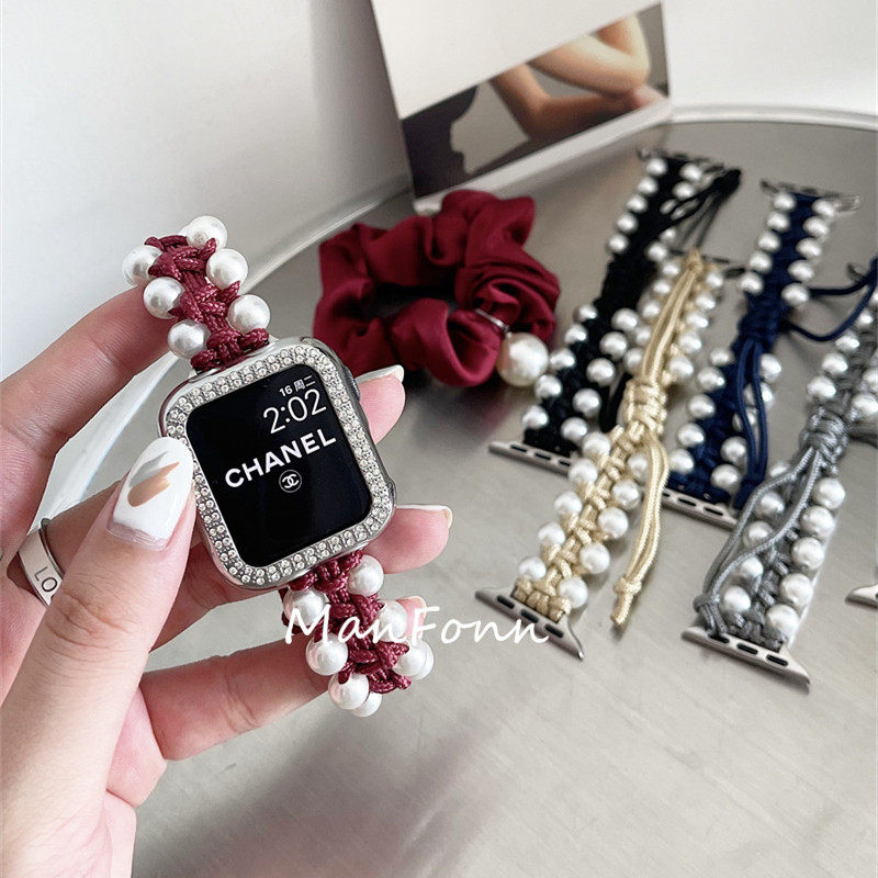 送发圈珍珠伞绳适用苹果10尼龙编织手表带iwatch67代applewatch98