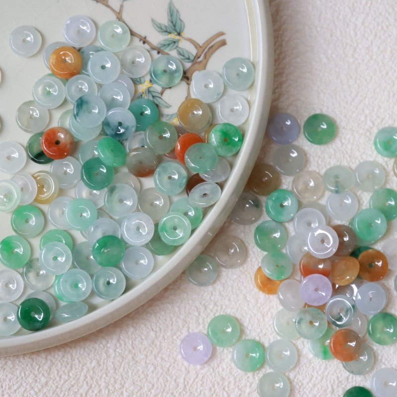 缅甸翡翠纯天然A货冰种迷你三彩平安扣玉耳环编织手绳DIY配饰散珠