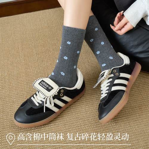 韩系碎花袜子女中筒棉袜春秋款ins日系复古学院风配德训鞋堆堆袜