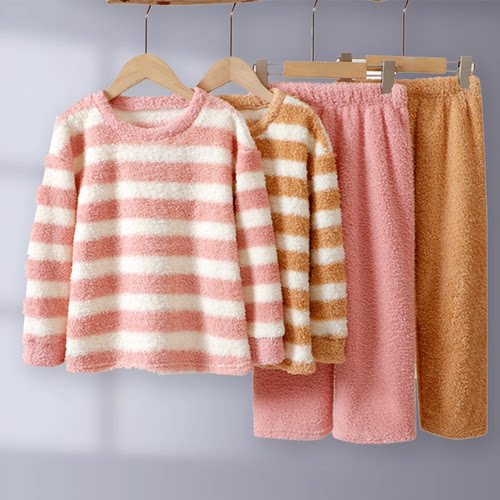 儿童法兰绒睡衣套装情侣A类加绒加厚外穿家居服亲子款中大童保暖