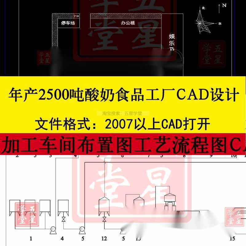 年产2500吨酸奶食品工厂设计CAD图加工车间平面布置图工艺流程图