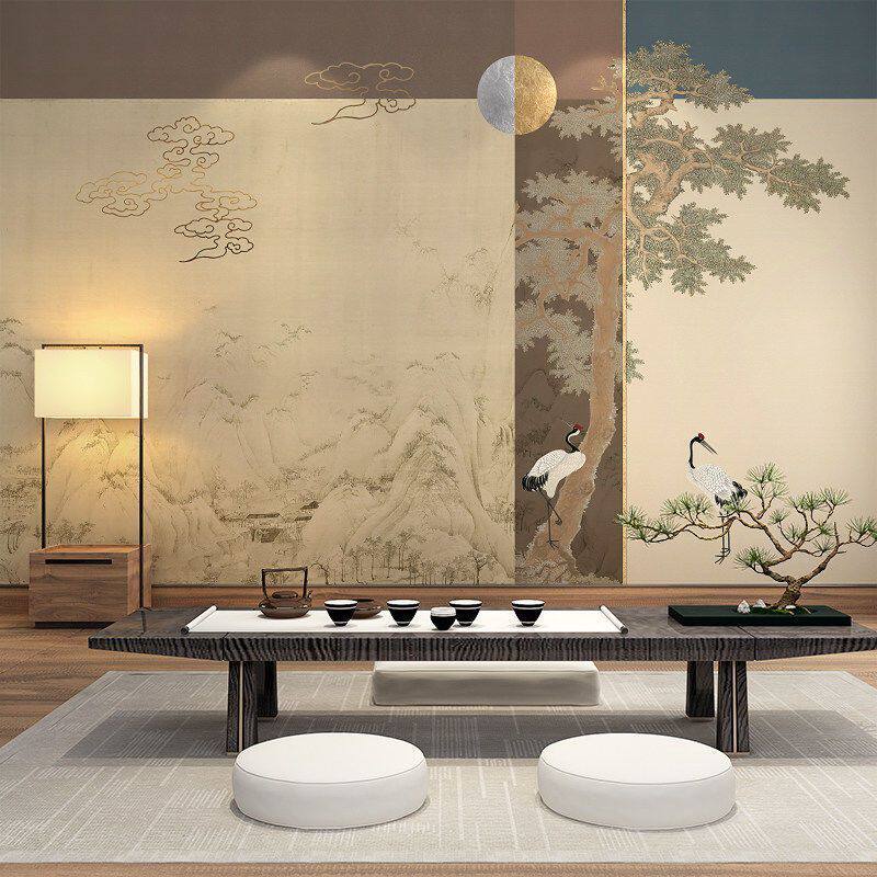 新中式山水风景壁纸客厅沙发背景墙纸卧室壁画餐厅书房茶室壁纸