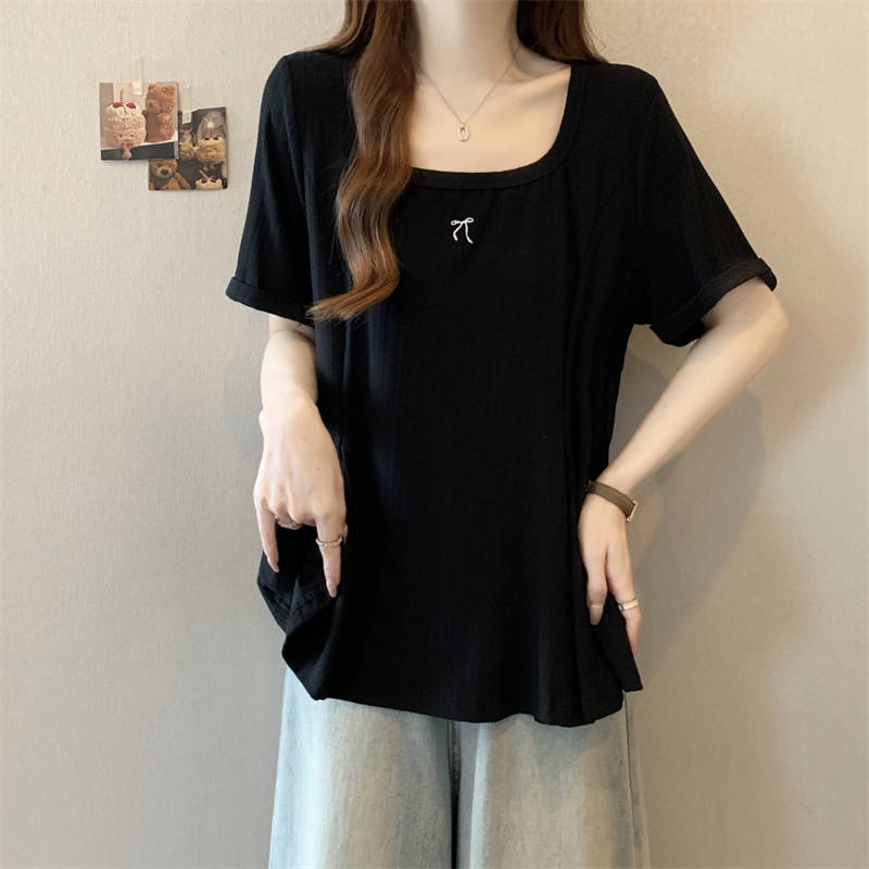 大码女装胖mm独特方领短袖T恤2025夏季新款爆款宽松遮肚小衫上衣