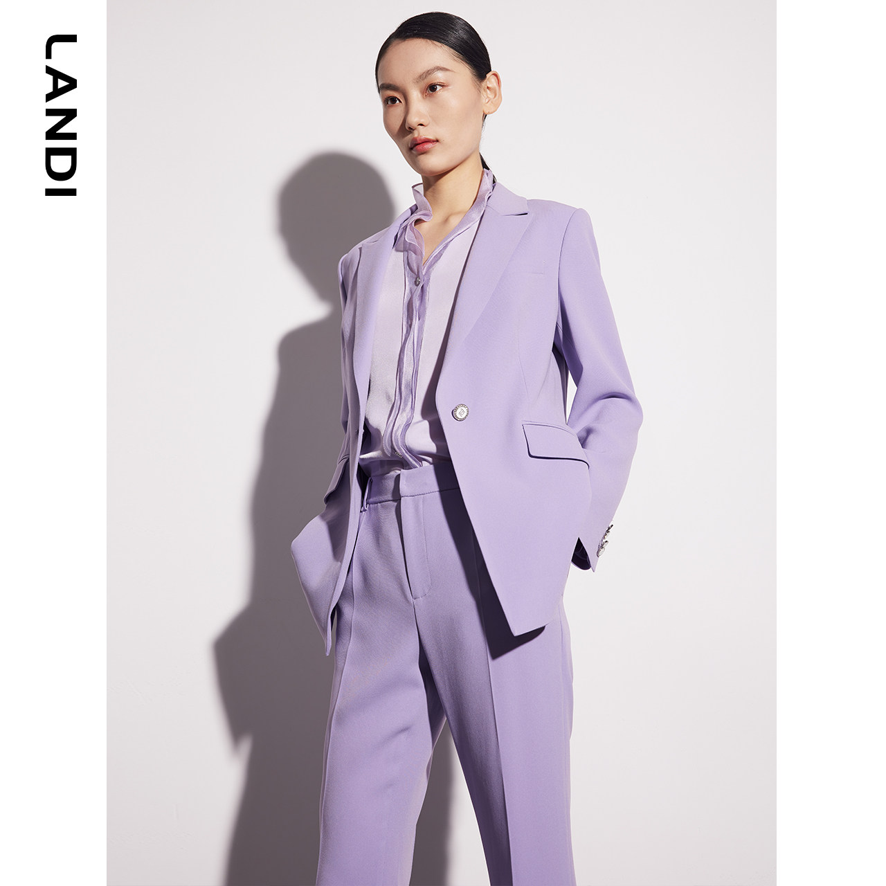 LANDI紫罗兰醋酸收腰西服外套女高级定制纽扣通勤西装春新品