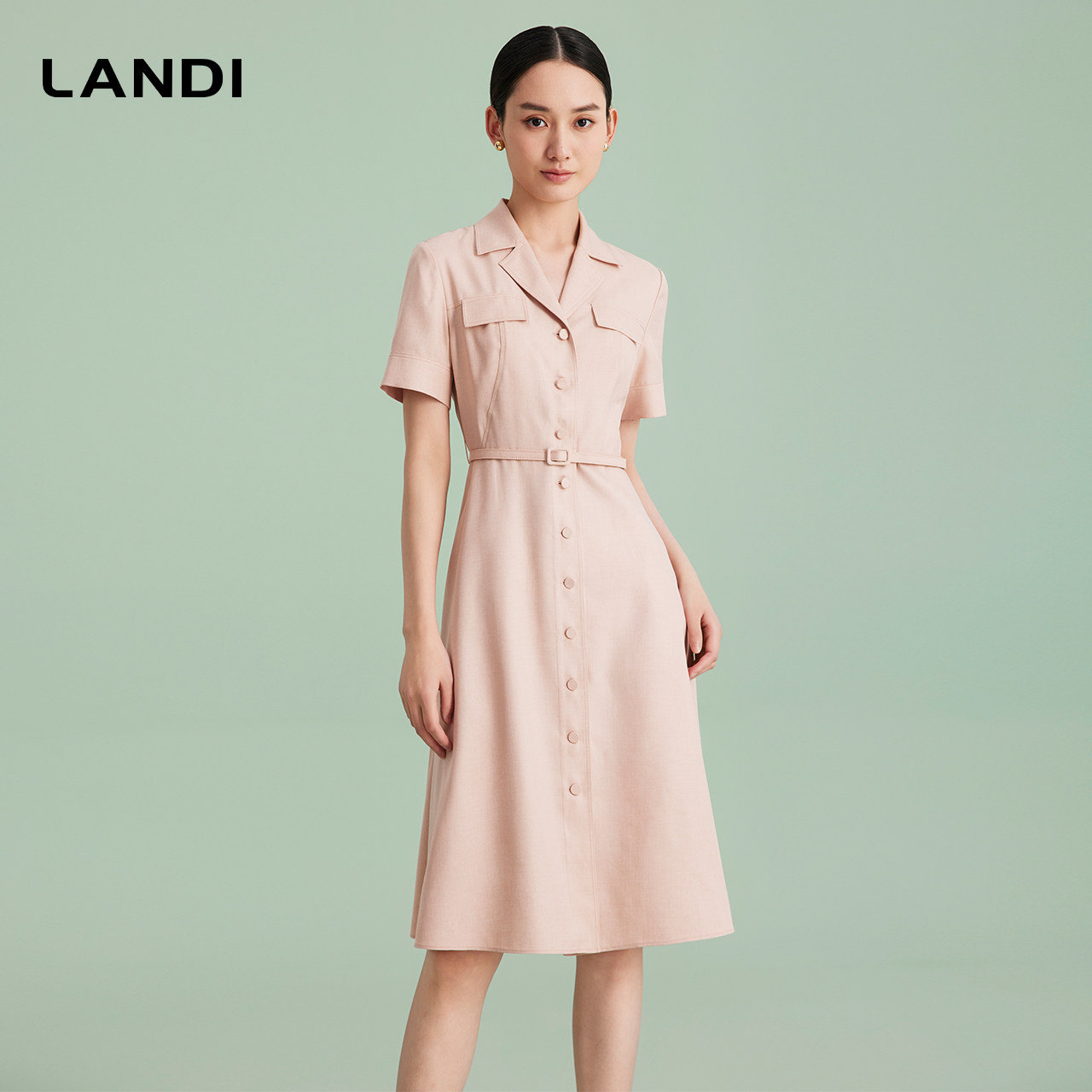 LANDI蓝地柔雾粉西装领修身短袖收腰系带连衣裙女中长裙夏新品