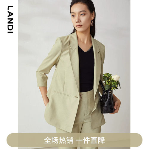 LANDI新款黄绿色七分袖西装外套女士设计感西服上衣春夏