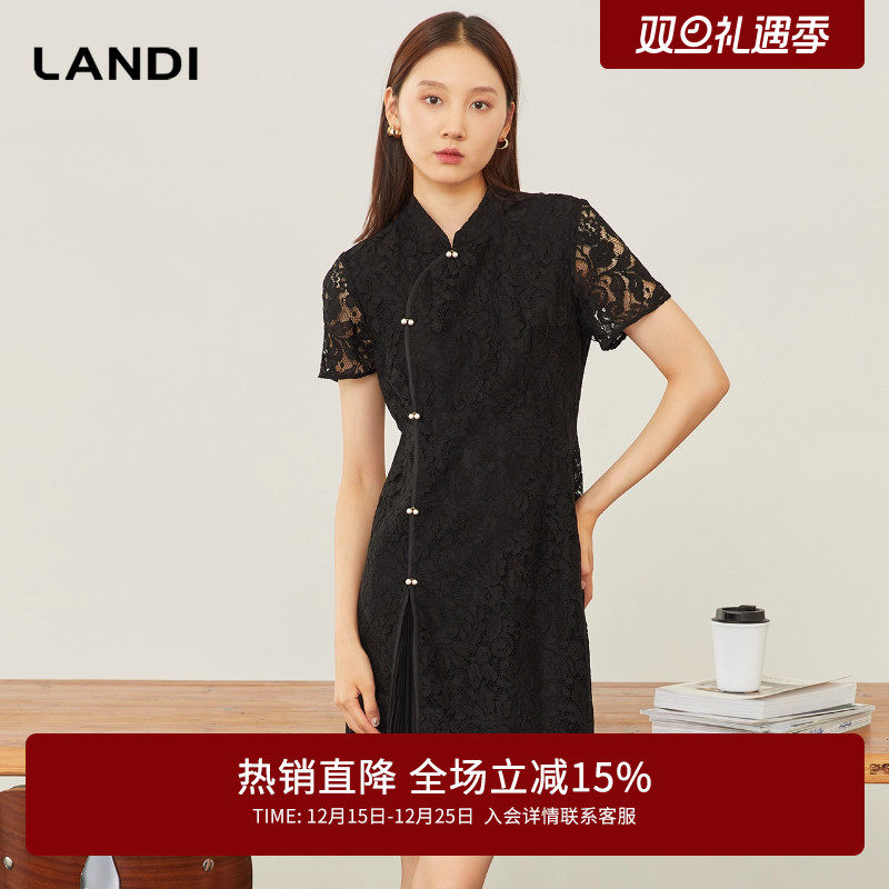 【新中式】LANDI黑色旗袍蕾丝连衣裙女初秋新款短袖裙子