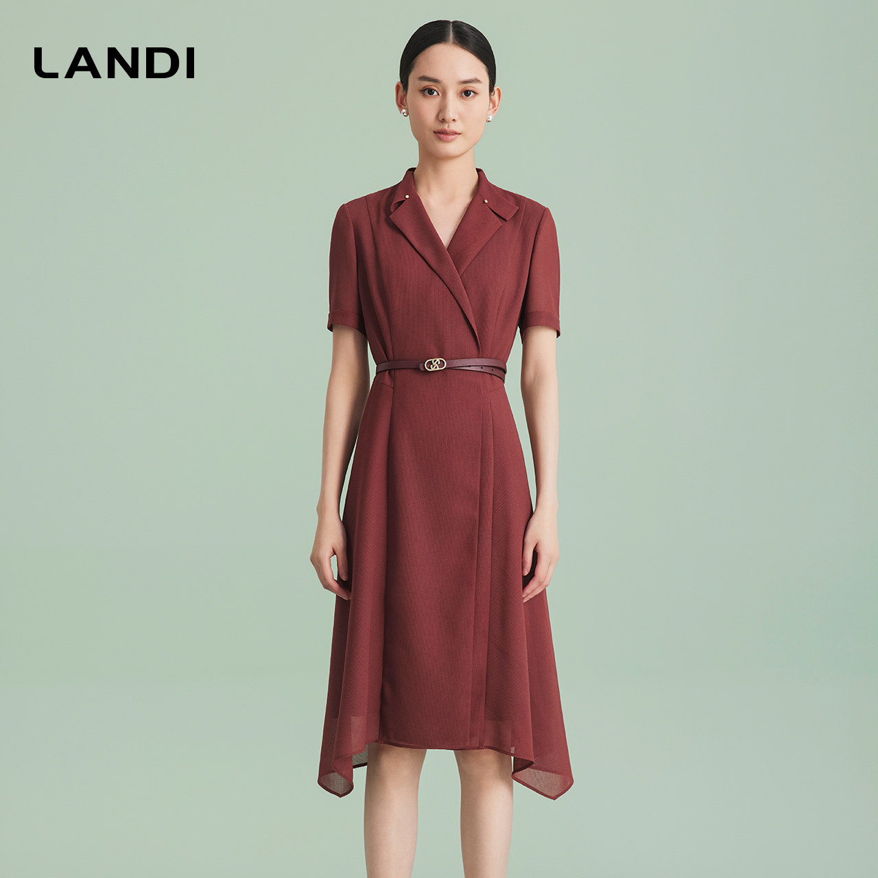 LANDI蓝地波尔多红优雅气质西装领通勤收腰短袖连衣裙女夏新品