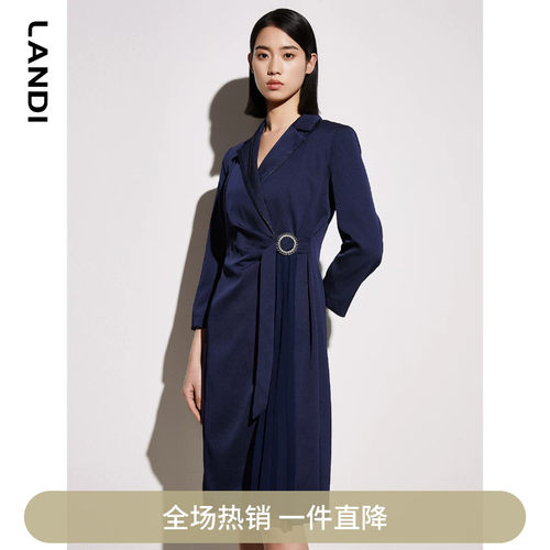 LANDI藏蓝色V领不对称压褶连衣裙女2023年春季新款九分袖裙子