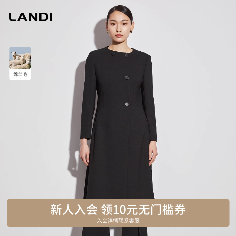 LANDI绵羊毛黑色圆领设计感修身中长款通勤风衣外套女秋新品