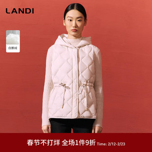 LANDI米白色白鹅绒抽绳收腰连帽短款羽绒服马甲女上衣冬新品