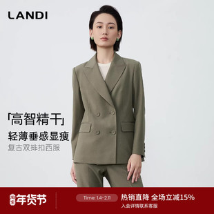 [高智精干]LANDI橄榄绿复古双排扣西装外套女西服套装秋新品