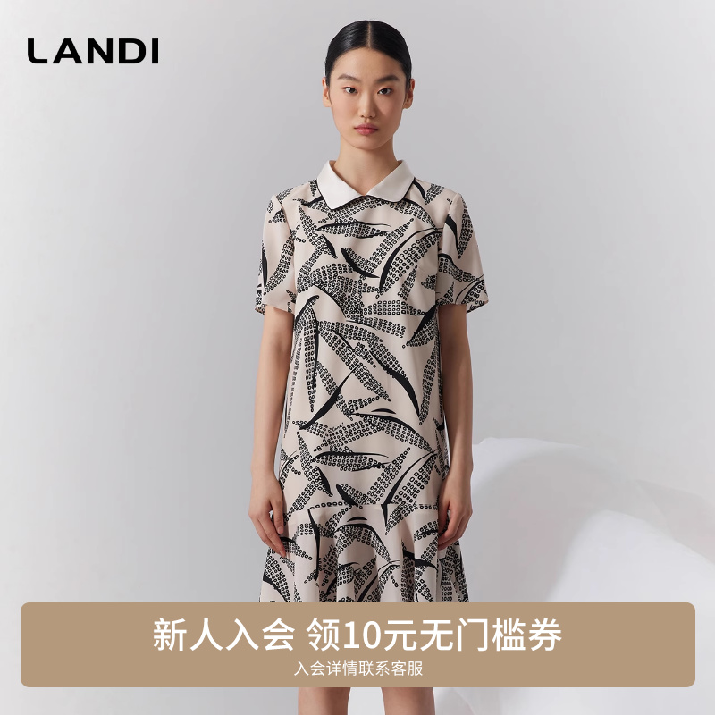 娃娃领复古印花短袖连衣裙
