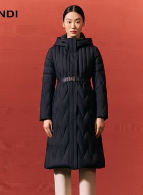 LANDI藏蓝色立领连帽不规则绗线收腰长款鹅绒羽绒服女冬新品