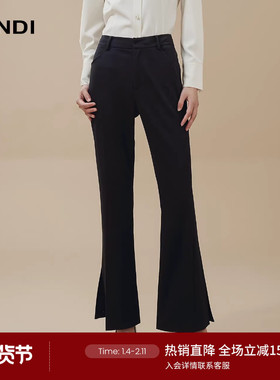 [人鱼微喇裤]LANDI黑色高腰通勤开叉小个子休闲长裤女秋新品