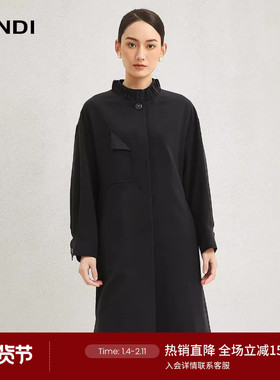 LANDI黑色设计感小立领绵羊毛中长款风衣外套女2024秋新品