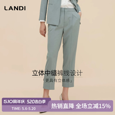 浅灰绿中缝裤线设计直筒西装裤