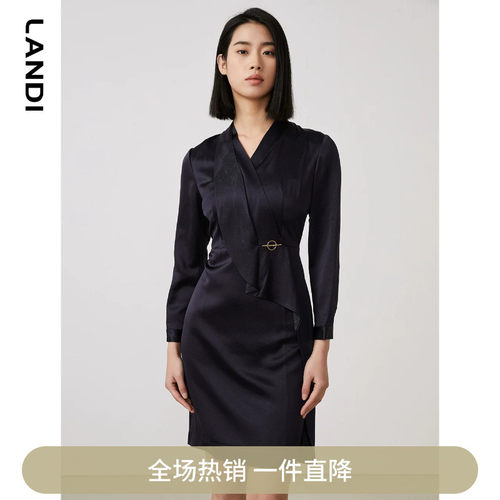 【醋酸系列】LANDI不对称V领收腰连衣裙女2023年春季新款短裙