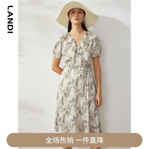 荷叶边V领连衣裙印花中长裙