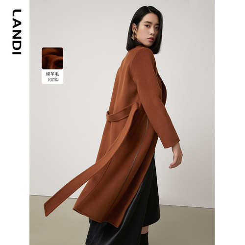 LANDI中长款双面呢羊毛大衣女新款冬季焦糖色毛呢外套
