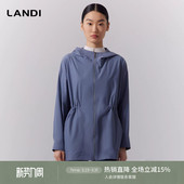 风衣外套女秋新品 LANDI青蓝色立领连帽抽绳收腰中长款 工装