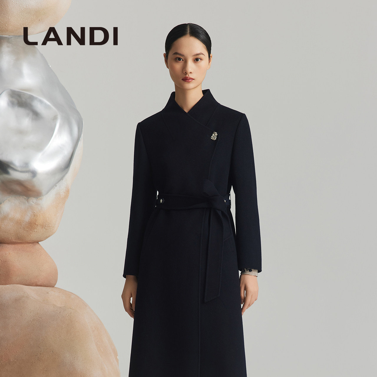 LANDI立领长款系带羊绒羊毛大衣
