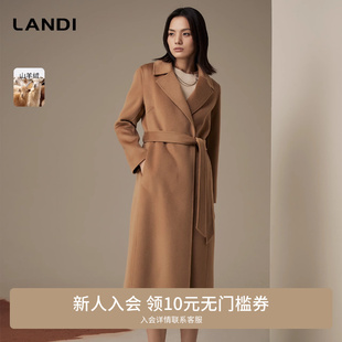 95山羊绒双面呢大衣女毛呢外套冬新品 LANDI蓝地高级感系带长款
