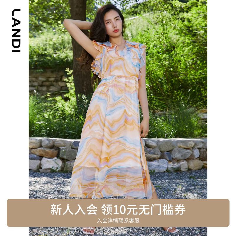 LANDI蓝地夏季新款荷叶边V领无袖收腰艺术印花连衣裙女长裙