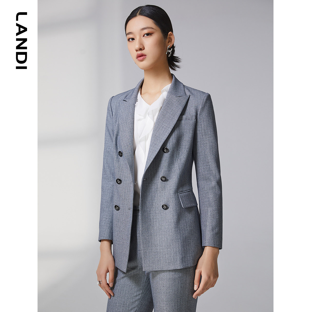 LANDI浅灰定制双排扣西装外套女气质通勤收腰西服上衣春新品