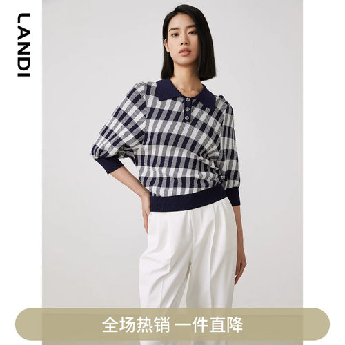 七分袖POLO领格纹套头针织衫