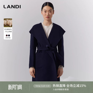 LANDI大翻领廓形羊毛羊绒混纺中长款 毛呢外套女大衣冬新品