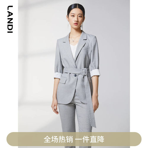 五分袖撞色卷边羊毛系带西装外套