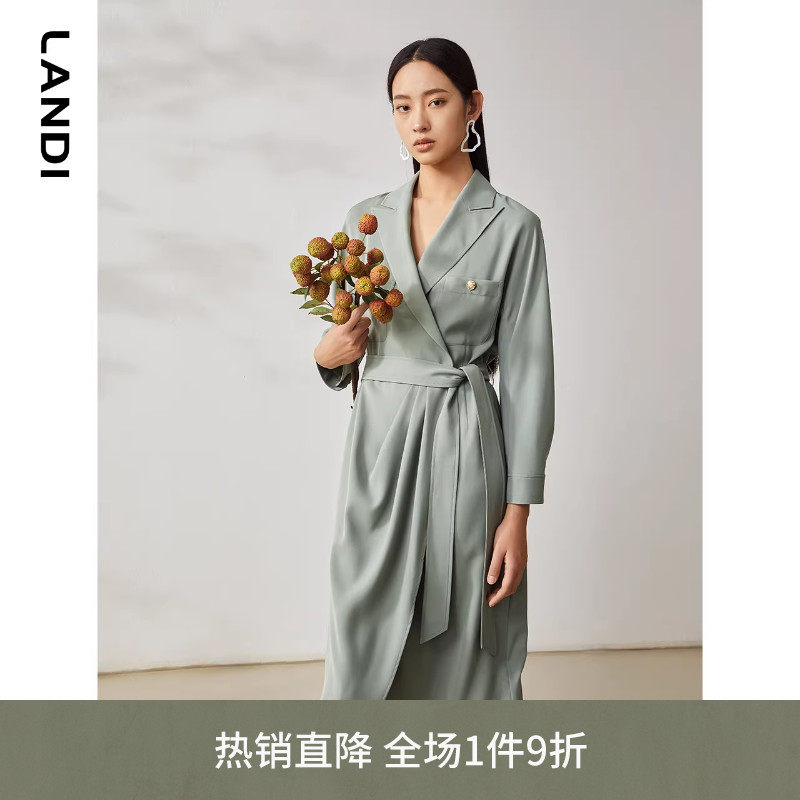 LANDI新款西装领系带中长款垂感连衣裙女设计感小众裙子春夏