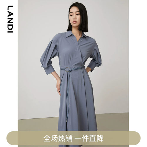 LANDI设计感法式小众灯笼袖收腰连衣裙女高级感中长裙秋新品