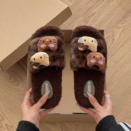 2025新款HelloKitty猫豹纹毛毛棉拖鞋女冬季家居室内保暖毛绒鞋