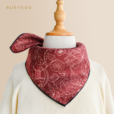 枣红印花真丝斜纹绸小方巾丝绸