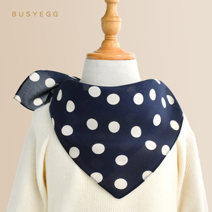 复古藏青色儿童波点丝巾真丝方巾女童春秋薄款纱巾围脖桑蚕丝围巾