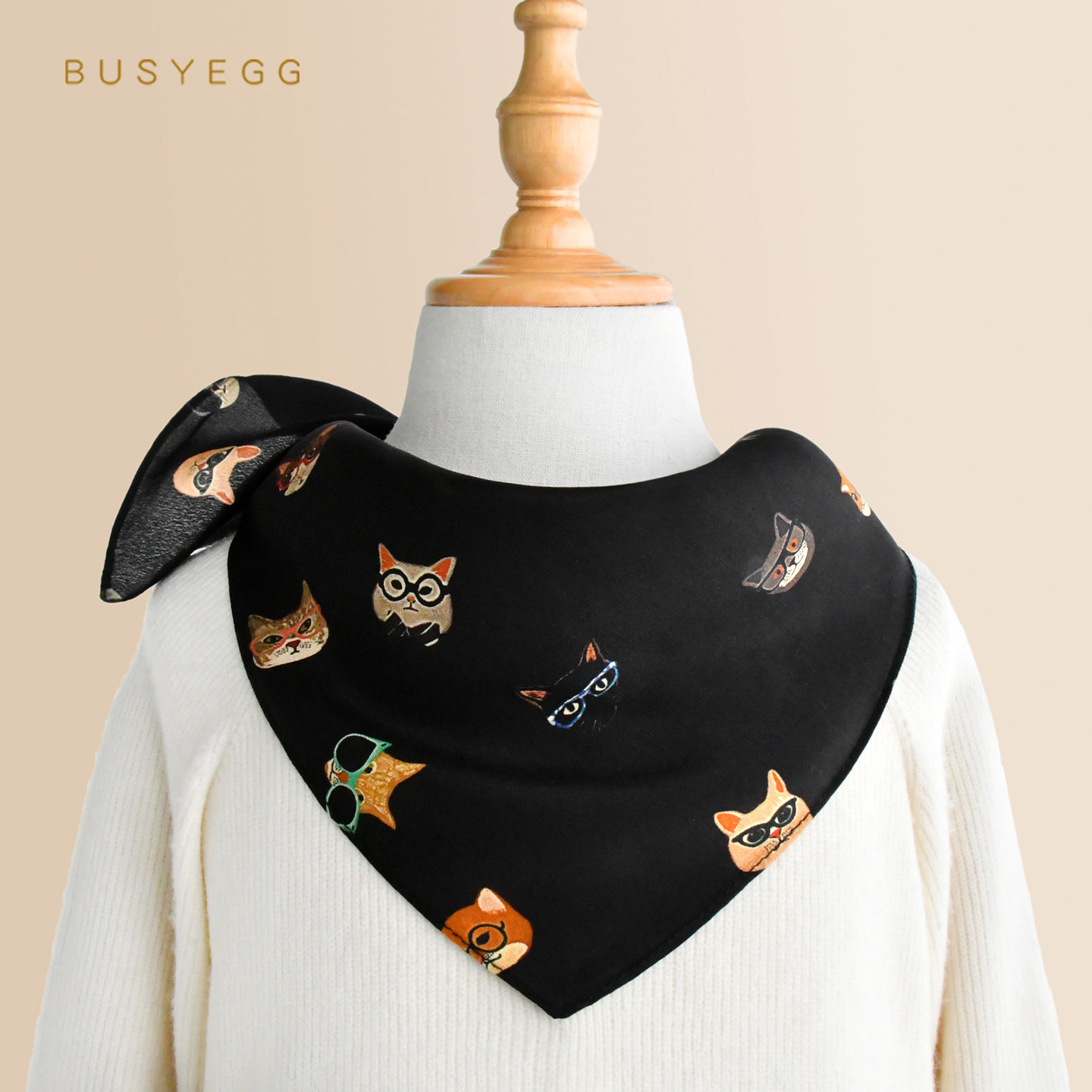 卡通眼镜小猫咪儿童真丝丝巾黑色男孩女孩桑蚕丝纱巾春秋薄款围脖