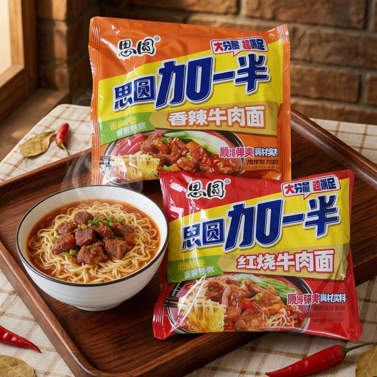思圆加一半方便面红烧香辣牛肉面顺滑弹爽大份量泡面学生熬夜速食